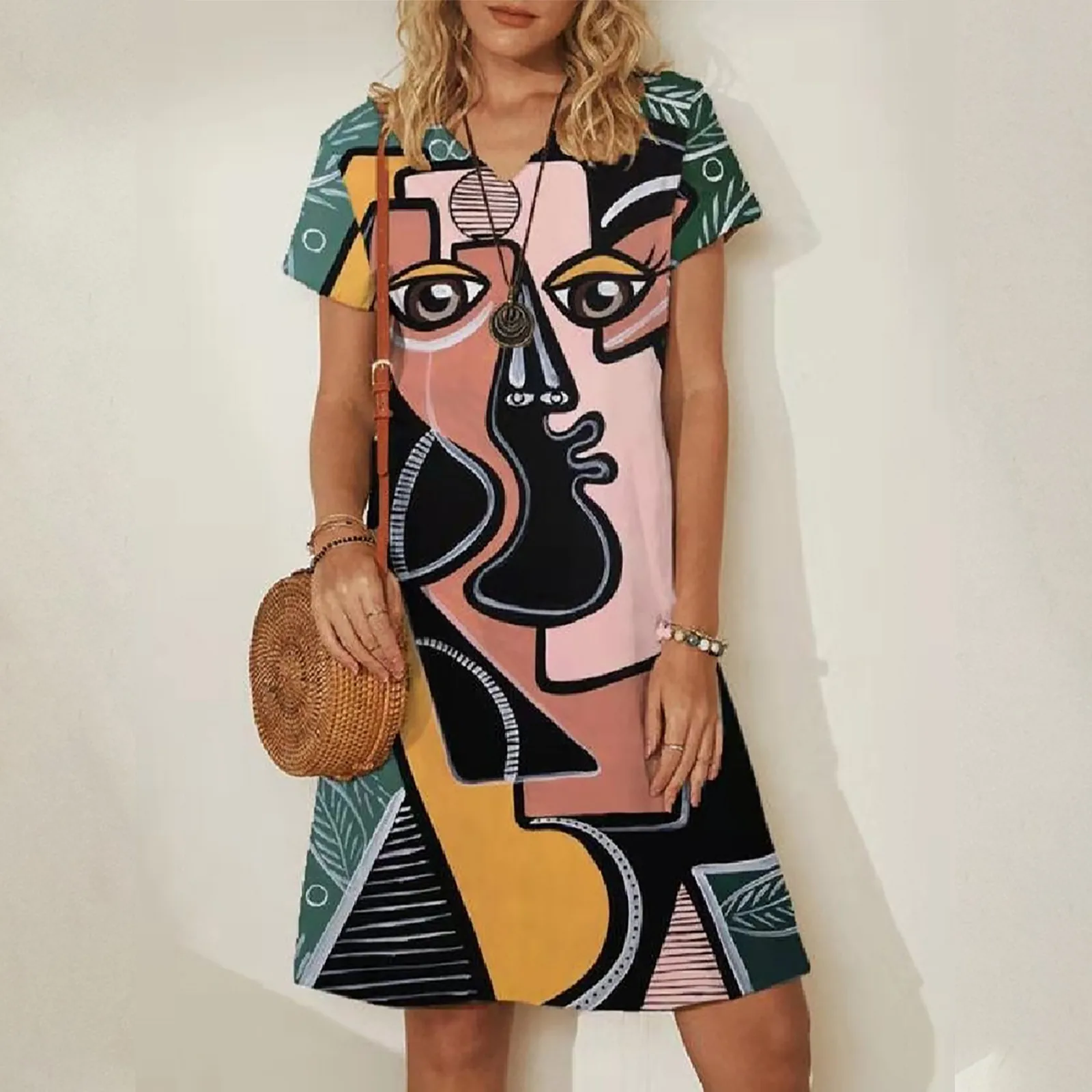 

ISHOWTIENDA Vestidos Women Fashion Print Casual Short Sleeve V-neck Loose Knee-length Dresses Artist's Dress