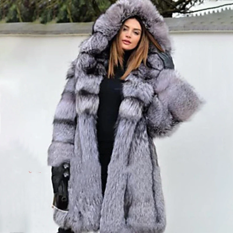 

Lugentolo Long Faux Fur Coat Women Winter Fashion Loose Thick Warm Fur Hooded Fox Color Fox Hair Long Fur Coats