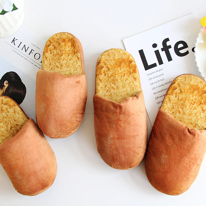 

New Simulation Bread Cartoon Couple Slippers Ladies Home Creative Cotton Slides Funny Warm Furry Shoes Half Cover Toe Flip Flops