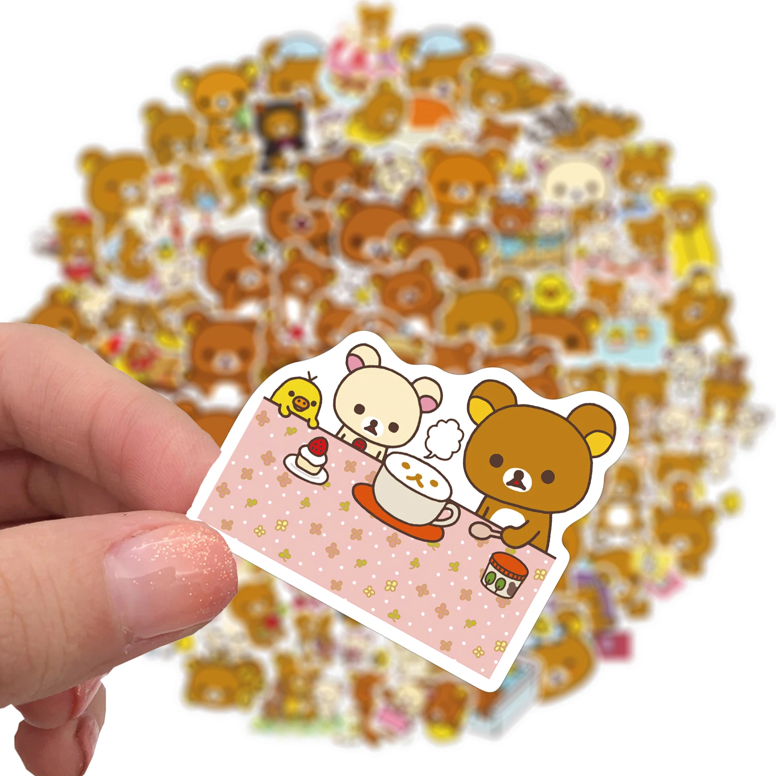 Juego de pegatinas Kawaii Rilakkuma Bear con dibujos animados para guitarra, juguete para montar en bicicleta, monopat&iacute;n, ordenador port&aacute;til, decoraci&oacute;n de equipaje, 10/100 Uds.-3