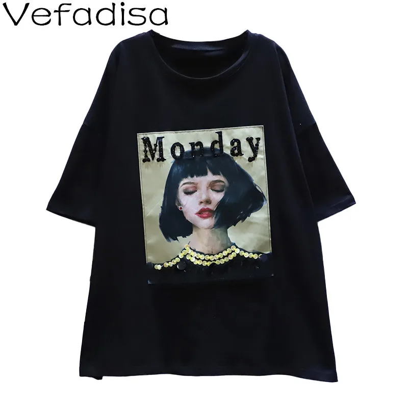 

Vefadisa Fashion Sequin Character Women T-shirt 2021 Summer Letter Print T-shirt Plus Size Short Sleeve T-shirt Loose QYF5672