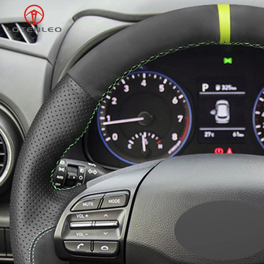 

LQTENLEO Black Leather Suede Hand Sew Wrap Car Steering Wheel Cover For Hyundai Kona 2017-2019 Encino 2017-2019