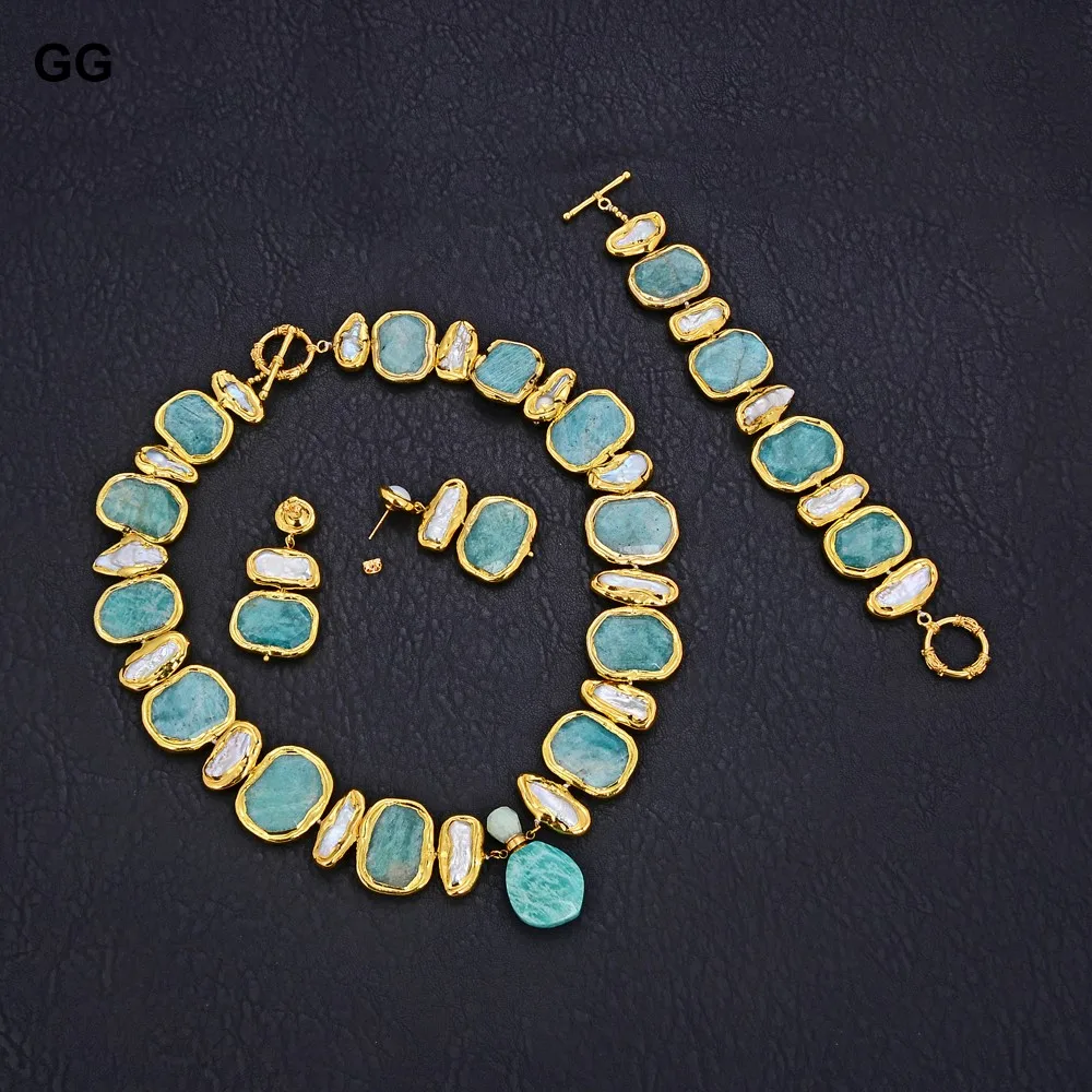 

GuaiGuai Jewelry Natural White Biwa Keshi Pearl Green Amazonite Gold Plated Pendant Necklace Bracelet Earrings Sets For Women