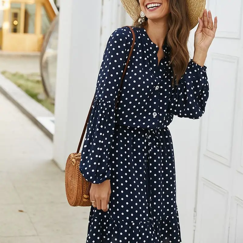 Модные платья новинка пуловер с воротником сексуальное платье в горошек