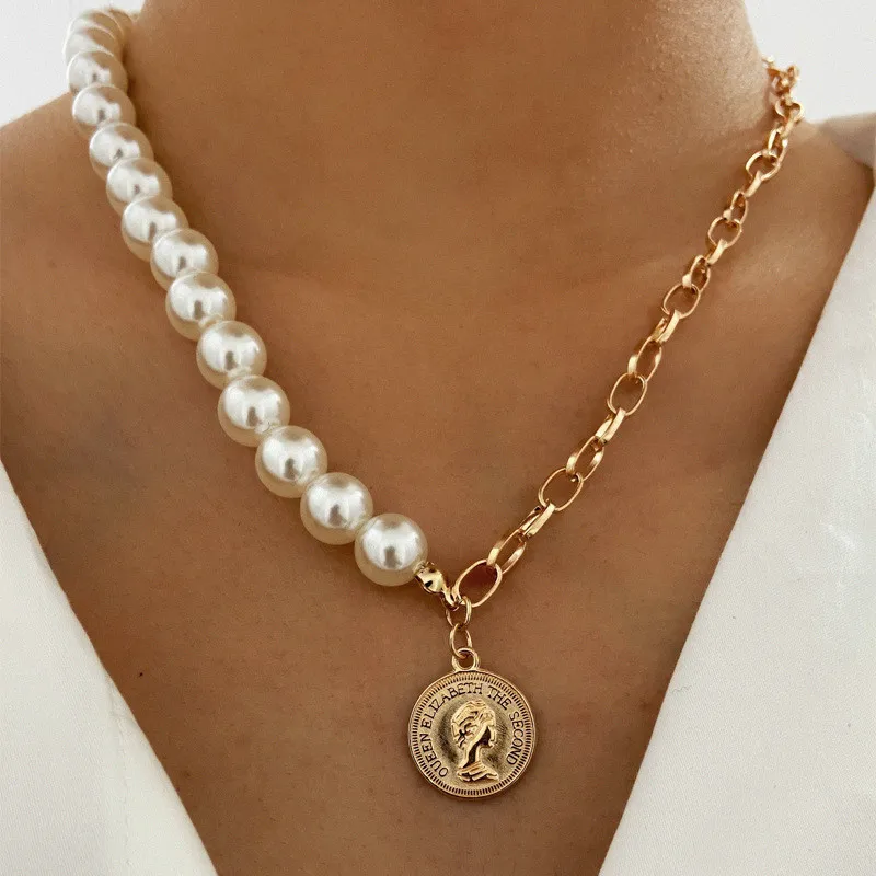 

VAGZEB Fashion Simulated Pearls Head Coin Pendants Necklaces For Women Gold Metal Snake Chain Necklace New Design Jewelry Gift