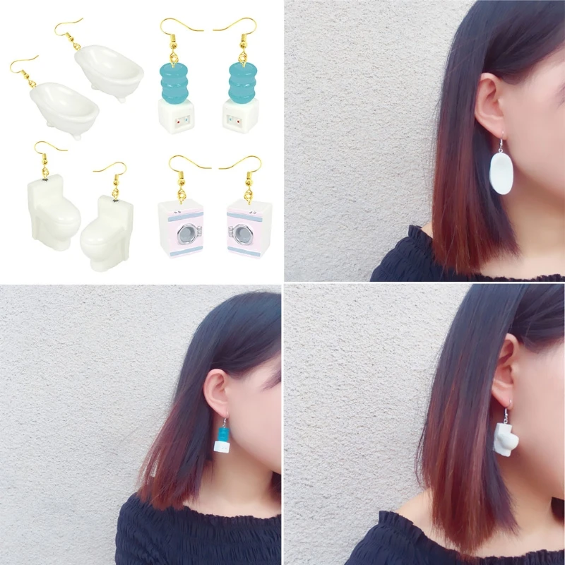 

4 Pair Funny Drinking Fountain Toliet Bathtub Earrings Women Unusual Creative Acrylic Dangle Earring Kit Fashion Jewelry