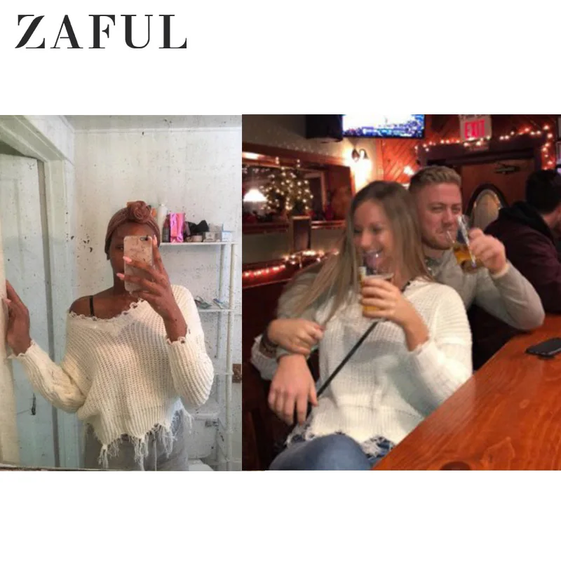 ZAFUL с открытыми плечами и v-образным вырезом искусственно Состаренный свитер