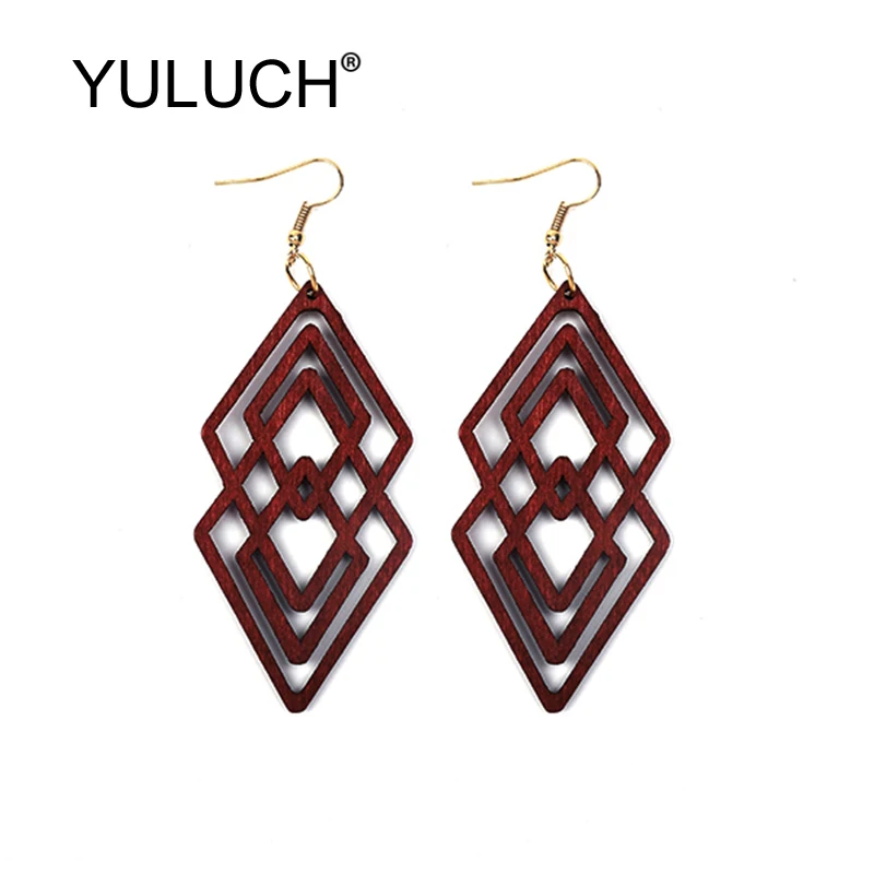 YULUCH винтажные красные черные полые деревянные длинные подвесные серьги для