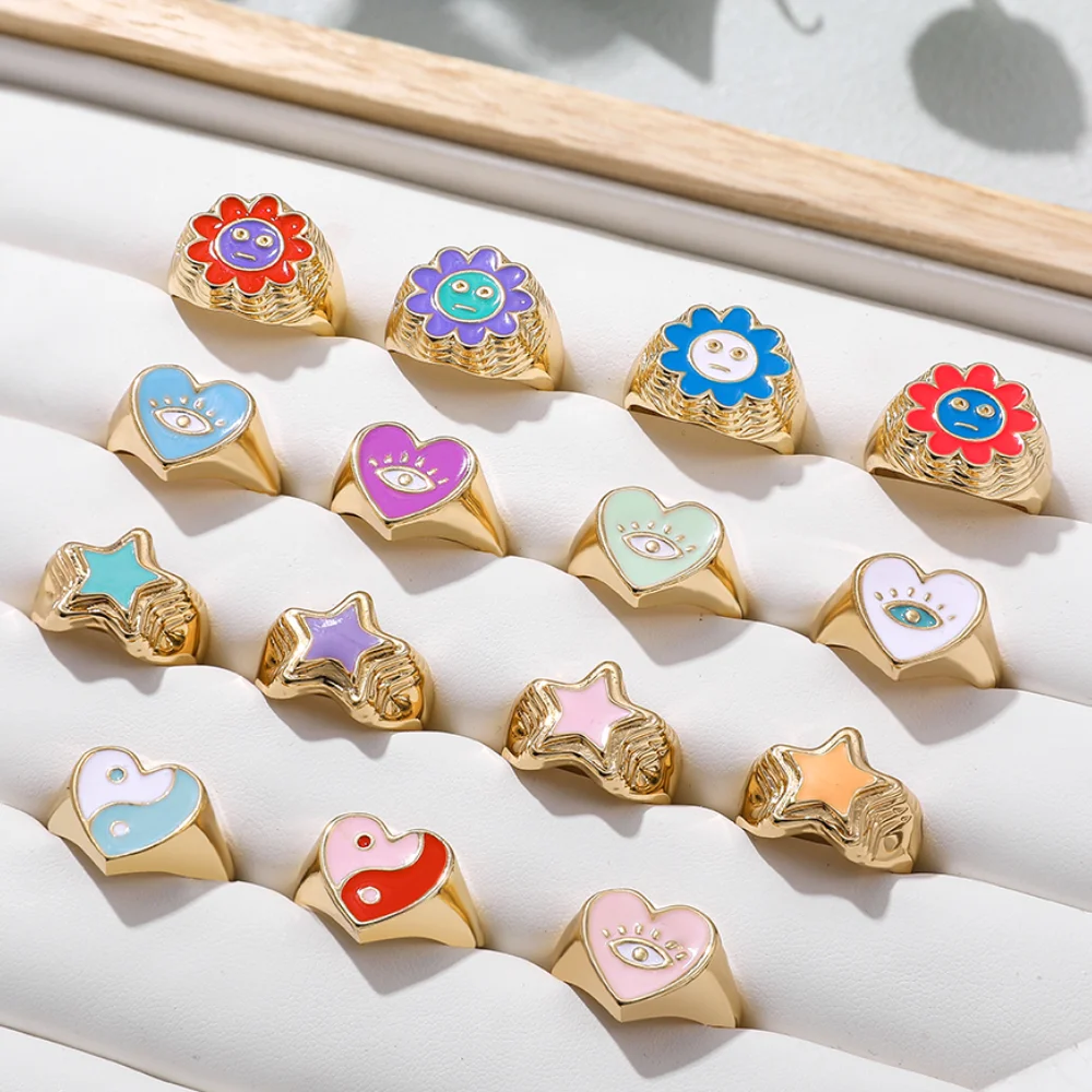 

Lovely Colorful Heart Evil Eye Couple Rings for Women Cute Sunflower Butterfly Enamel Gold Finger Rings Statement Jewelry