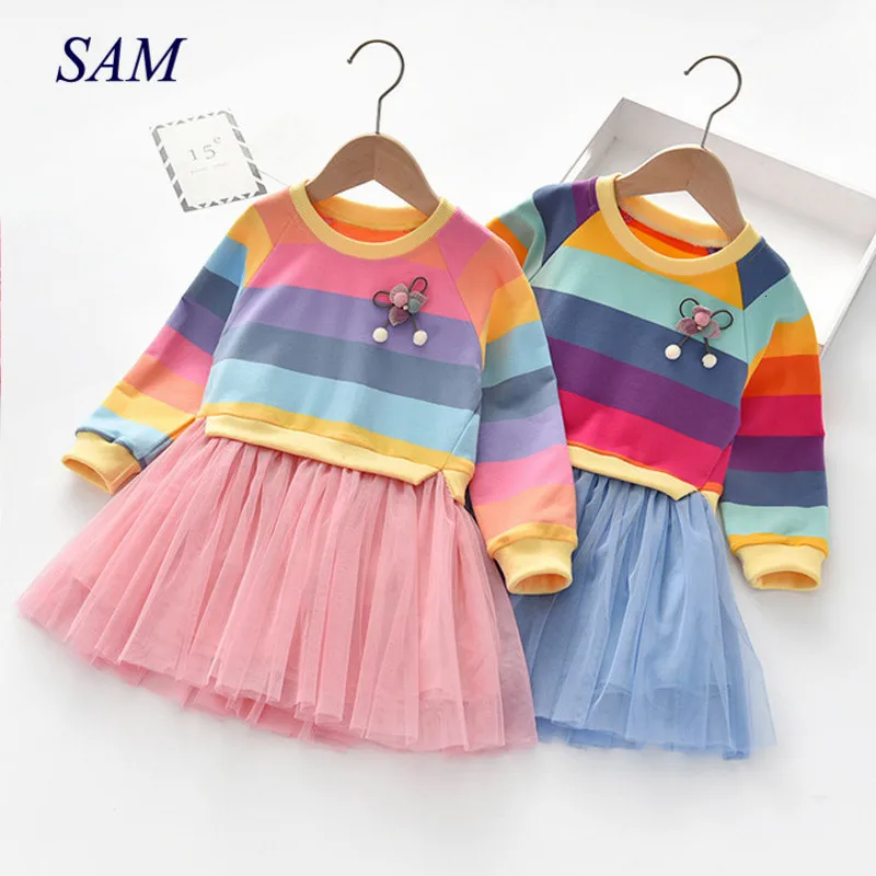2021 Girls Spring and Autumn Dresses Children's Long Sleeve Striped Colorful Rainbow Princess Cute Party Dress for Kids | Детская