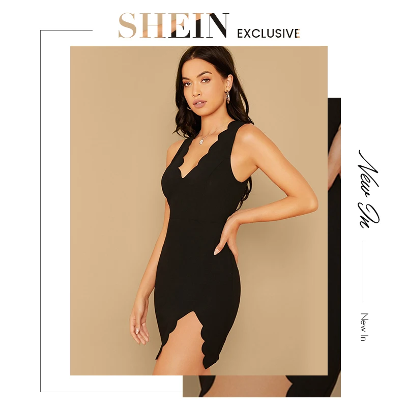 SHEIN Black Scallop Trim Slit Thigh Fitted Dress Women Summer Autumn Slim Sexy Night Out Sleeveless Pencil Mini Party Dresses