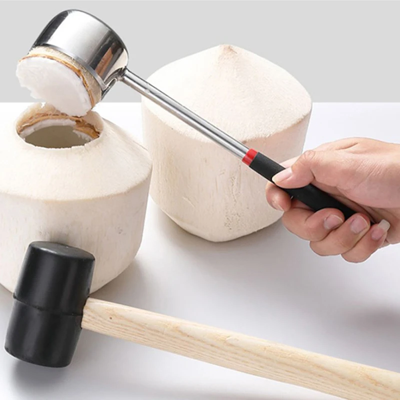 Stainless Steel Opener Coconut Meat Tool Wooden Handle Rubber Hammer Durable | Openers