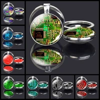 circuit board picture keychain double side glass cabochon key chain computer geek pendant keyring women men physic jewelry gifts