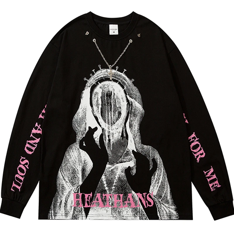 

Футболка Мужская/Женская с длинным рукавом, хлопковая простая универсальная Свободная рубашка с принтом фигуры и украшением в виде ожерель...