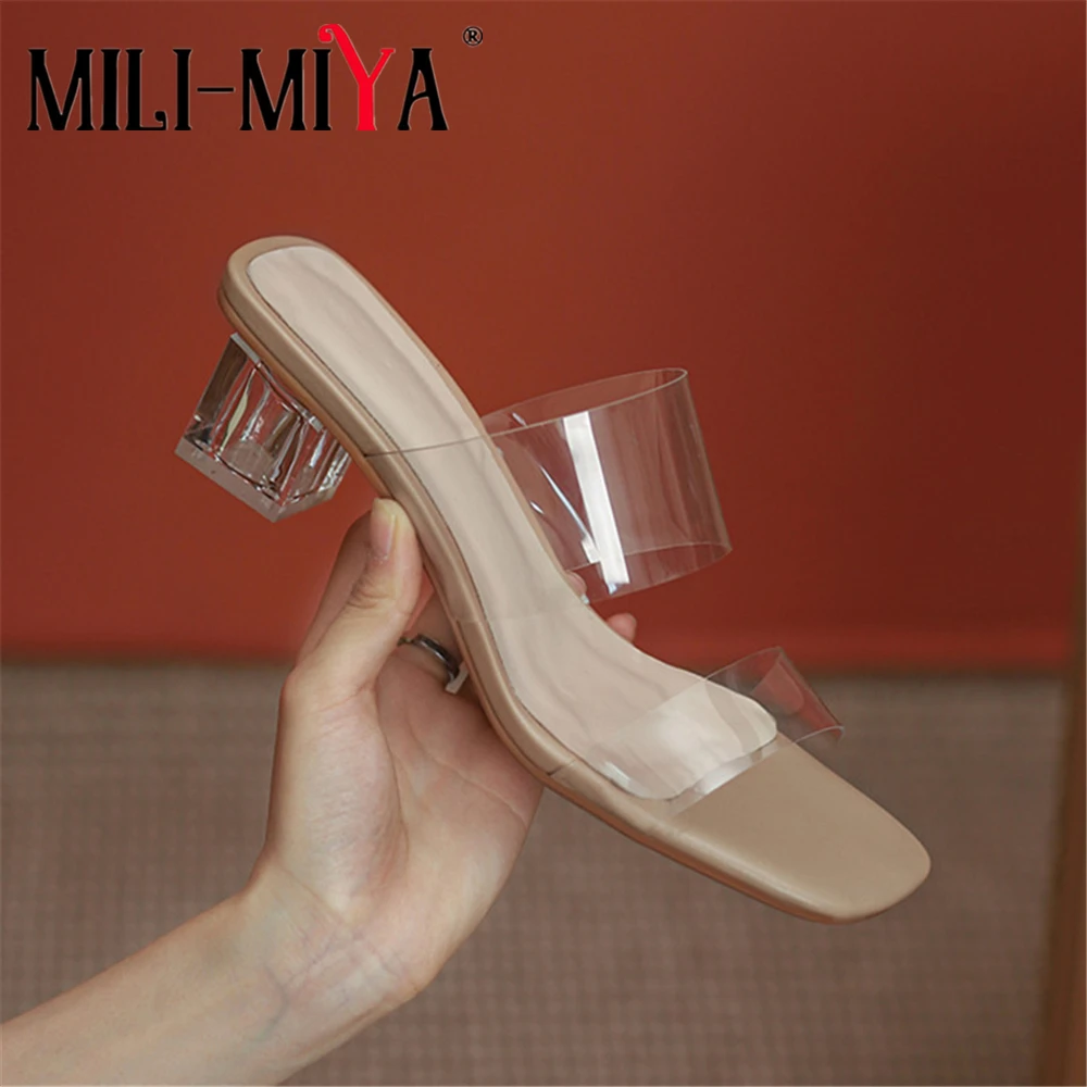 

MILI-MIYA Crystal Clear Transparent Middle Heels Comfortable Sandals Slippers New Summer Women Fashion Prom Peep Toe Cool Slides