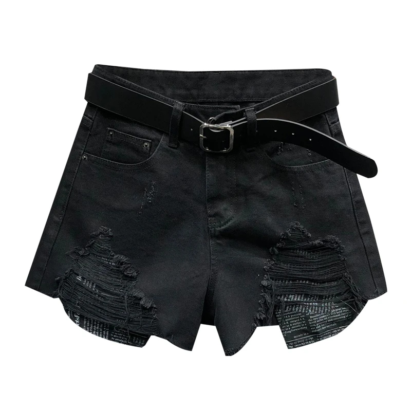 

{DEAT} Women Wide Leg Black Casual Hole Denim Shorts New High Waist Loose Fit Trousers Fashion Tide Spring Summer 2021 AY443