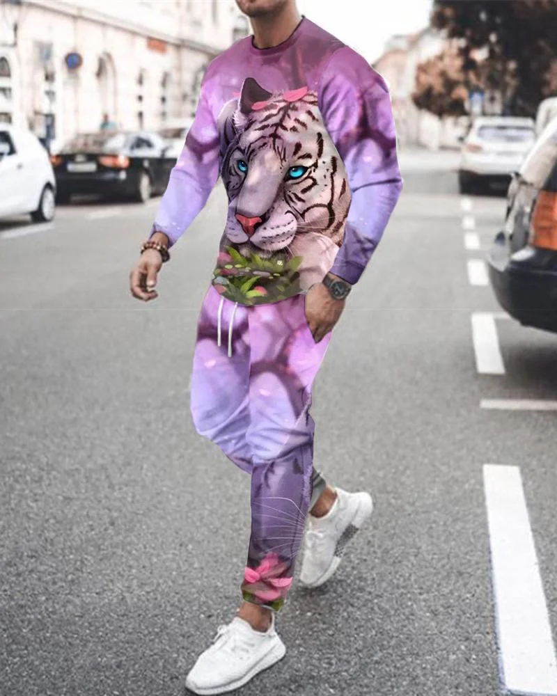 

Fall 2021 3D Printed Colorful Flame Mens Sweater Set Fashion Street Unisex Round Neck Autumn And Winter Sports Suit Twopiece Set