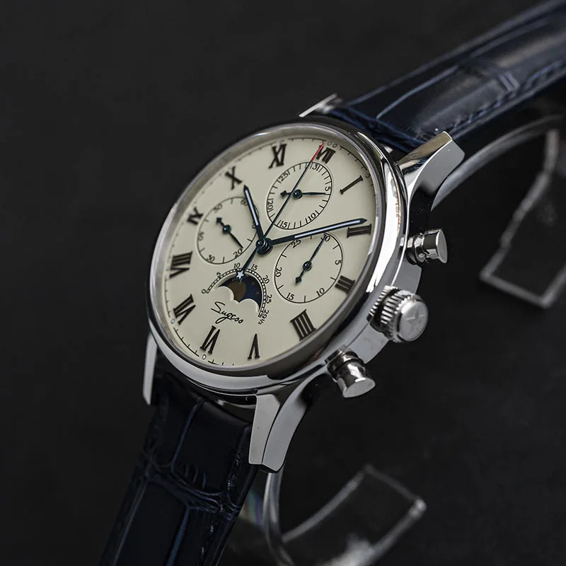 

Men's Chronograph Mechanical seagull Movement st1908 watches Sapphire Moonphase Gooseneck Sapphire chronograph watch for men