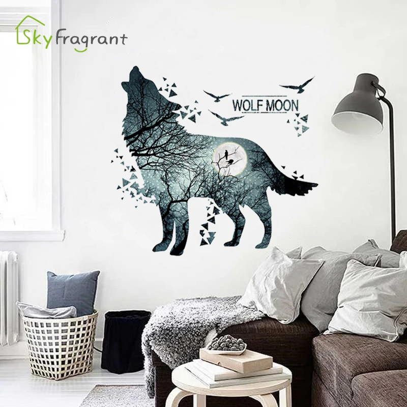 Creative Moon Silhouette Wolf Wall Sticker Creative Bedroom Living Room Backgroung Wall Decor Home Decor Entrance Decoration