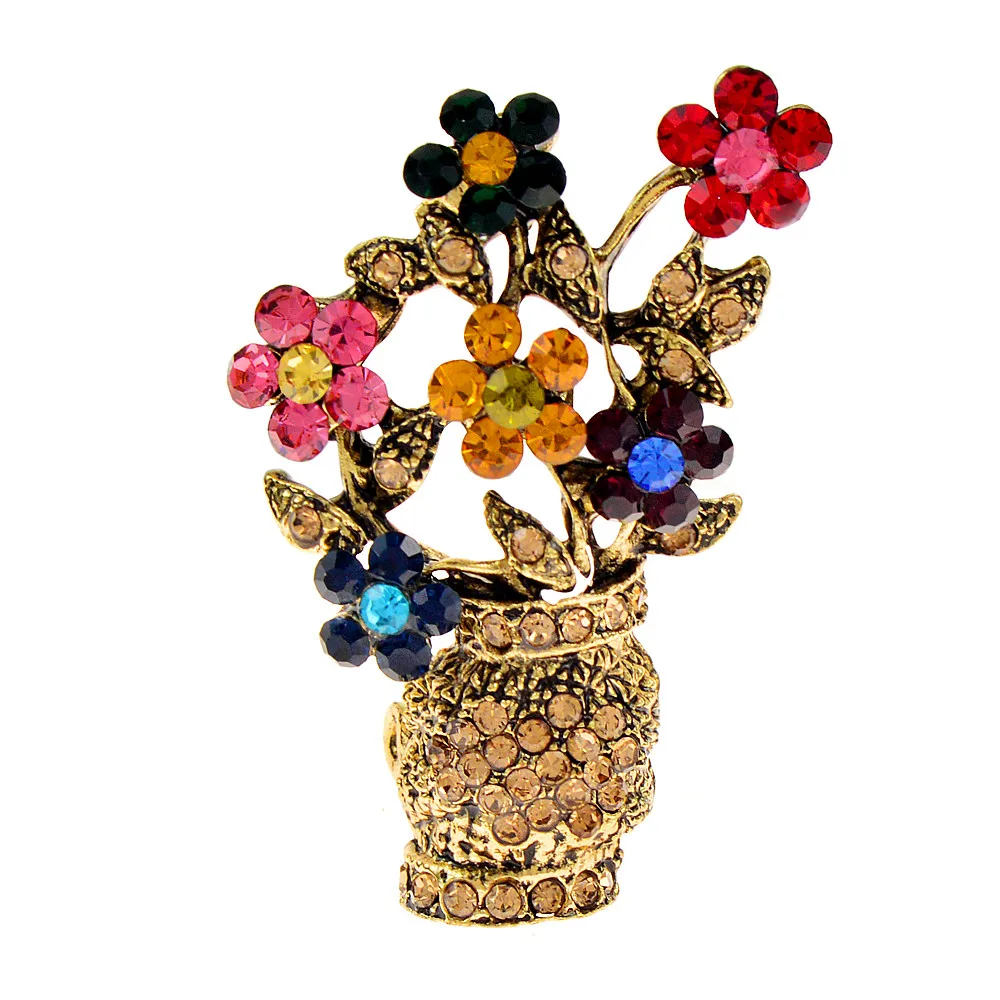 

CINDY XIANG Rhinestone Vase And Flower Brooches For Women Fashion New Arrival Vintage Pin 2 Colors Available High Quality