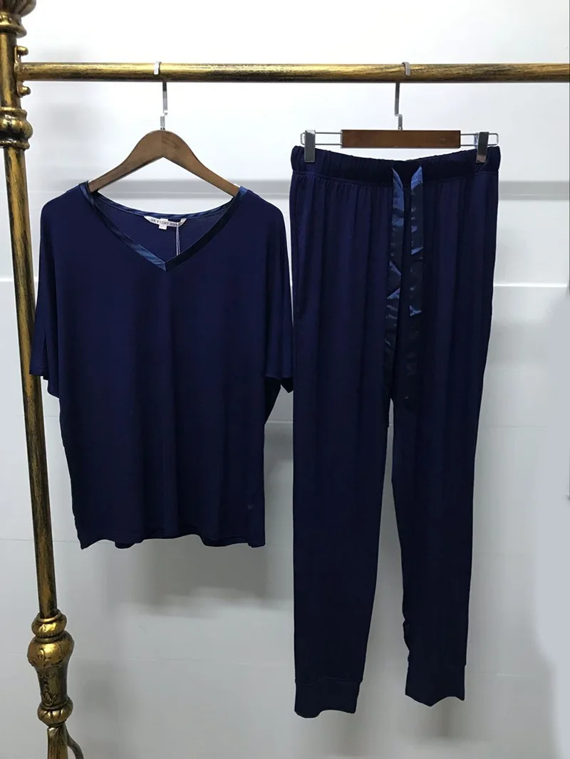 

Turtleneck V-neck Pajamas Women Modal Short-sleeved Trousers 2-piece Loose Plus Size Home Clothes Sleepwear Women Cotton Pajamas