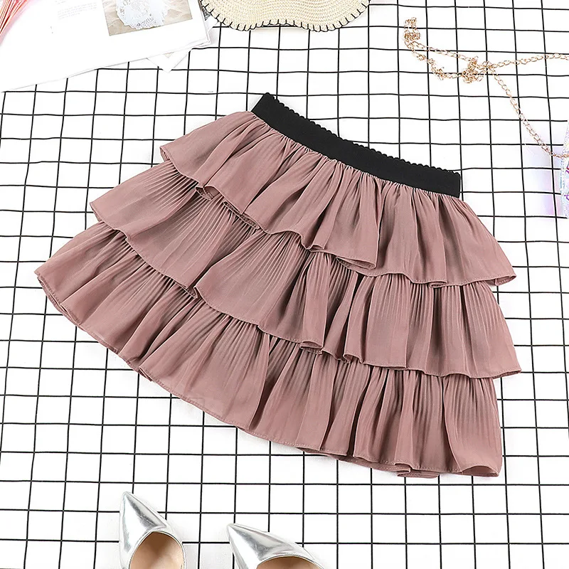 

High Wasit Chiffon Patching Women Skirt Sweet Ruffles Wave Point Fresh Feeling Skirt Elastic Waist Cute Cupcake Ball Gown Skirt