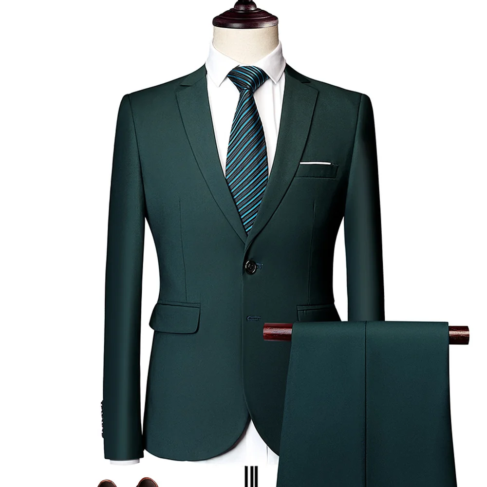 Jacket+ Pant New Men Business Slim Suits Sets Solid Color Wedding Office Dress Two-piece Suit Blazers Coat Trousers Waistcoat