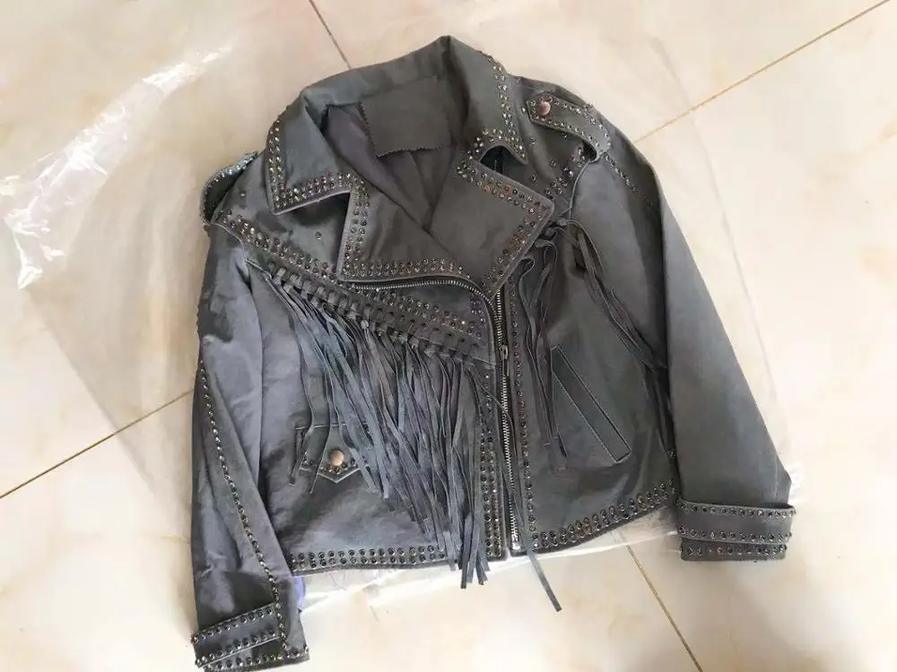 Yoloagne для женщин натуральная кожа куртка Дамы Бисероплетение заклепки кисточкой черный мотоцикл из натуральной овчины - Цвет: As Shown