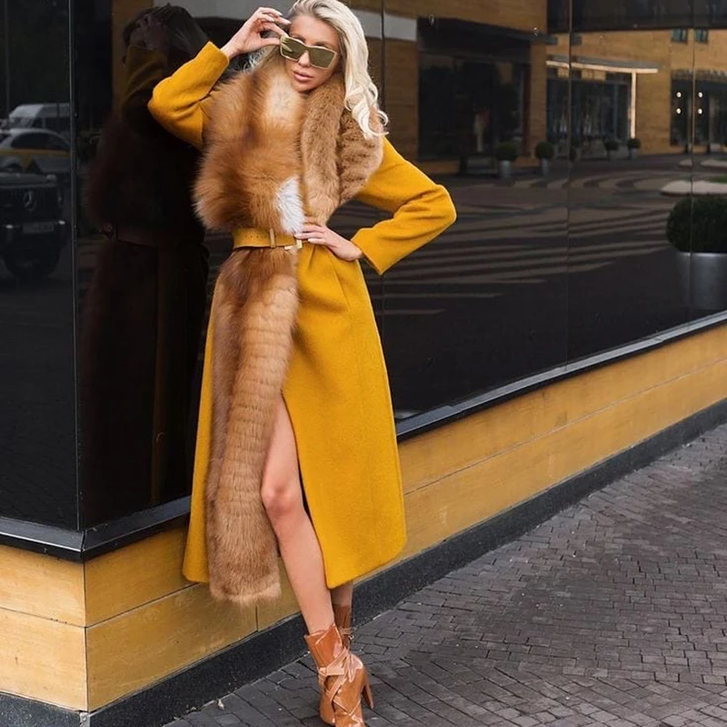 Winter 2021 Real Fox Fur Collar with Women's Wool Coat High Quality Elegant Luxury Long Coats Slim Thick Warm Outwear Plus Size