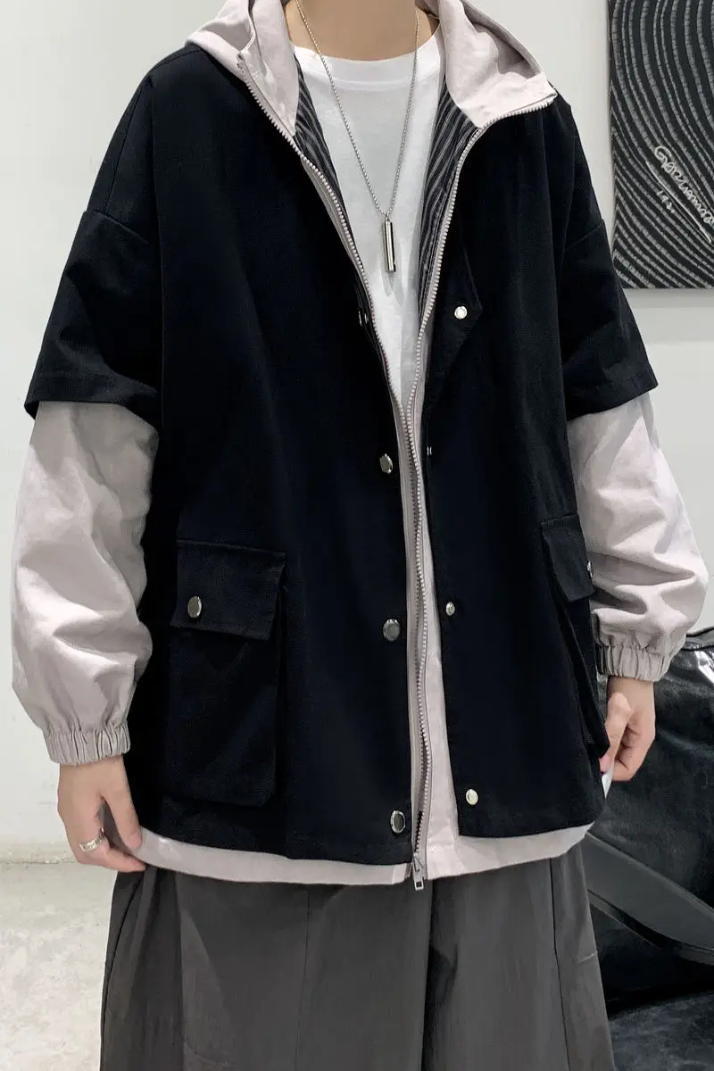 

Men's jackets 2021 spring and winter new fake two-piece printed jackets loose casual personality go to youth men's clothing