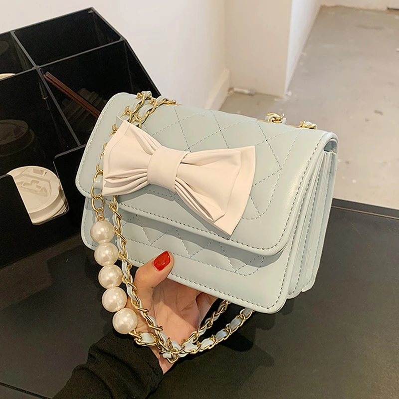 

Bow Design Solid Color PU Leather Crossbody Bags for Women 2021 Small Shoulder Simple Bag Female Chain Handbags and Purse