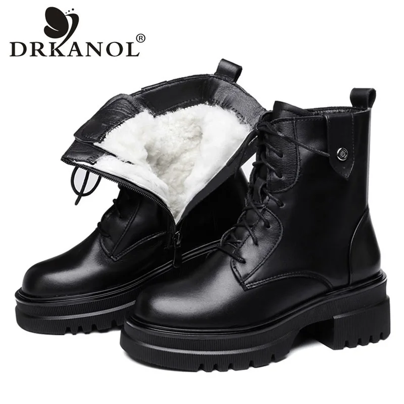 

DRKANOL Fashion Big Size 41 42 Women Genuine Leather Platform Ankle Boots 100% Natural Wool Winter Warm Thick Heel Martin Boots