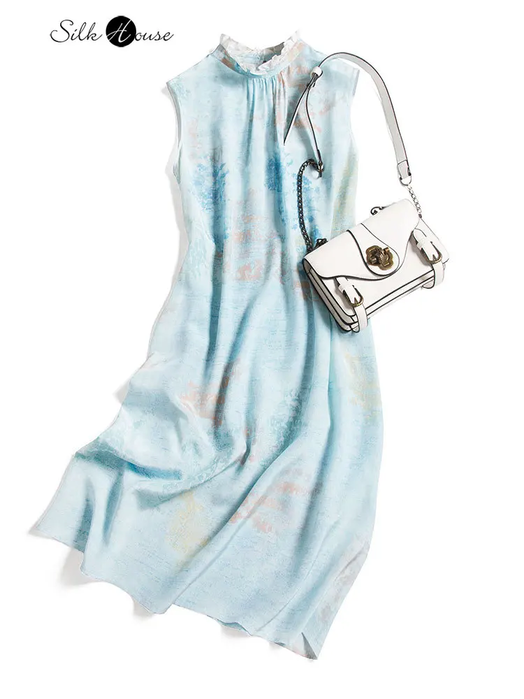 

Fresh Freehand Cure Is Morandi Blue! Mulberry Silk French Fungus Collar Sleeveless Silk Women's Fashion Dress