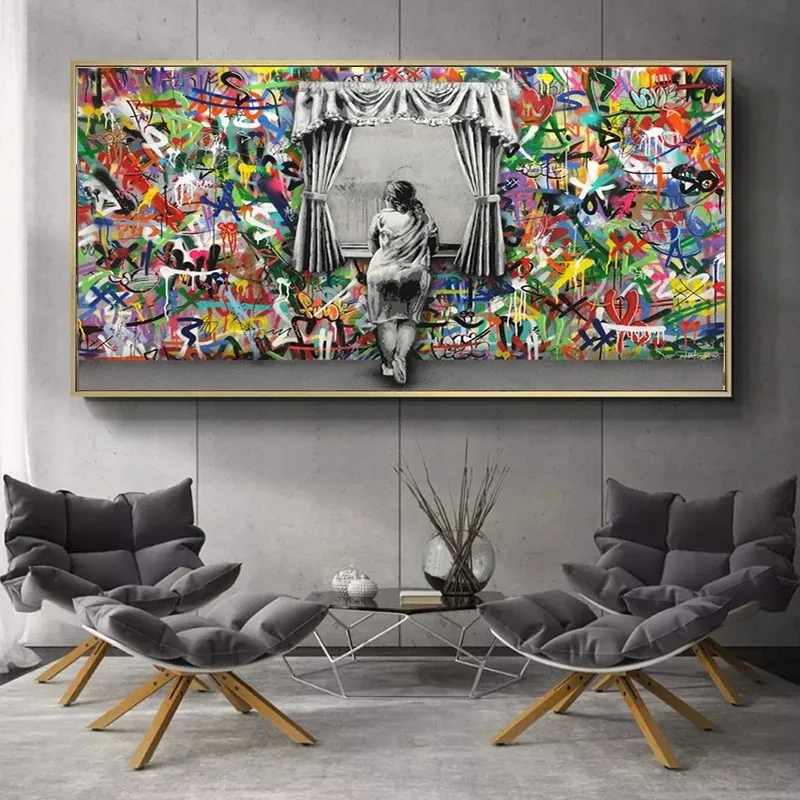 

Graffiti street Art Girl Standing By The Window Posters and Prints Canvas Painting Print Wall Art for Living Room Home Decor