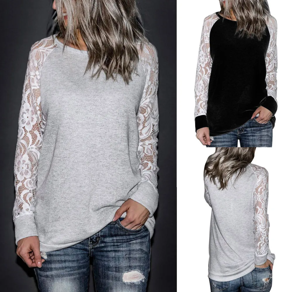 Футболка модная женская Повседневная кружевная с длинным рукавом укороченный