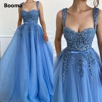 booma spaghetti straps blue tulle prom dresses sweetheart lace appliqued a line prom gowns pockets long wedding party dresses