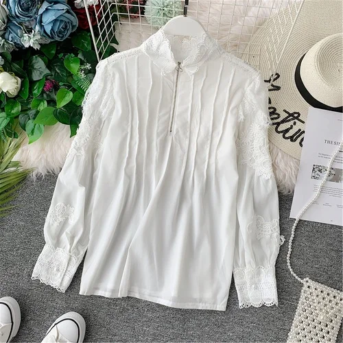 Белый Neploe/кружевная блузка в стиле пэчворк пуловер с рукавами-фонариками и стоячим воротником Blusas Осенняя женская рубашка модные элегантные топы 53991 - Цвет: Белый