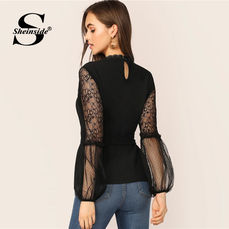 Sheinside элегантная контрастная сетчатая блузка с поясом женские осенние черные блузки с рукавом-фонариком Женские Твердые замочные скважины Топ