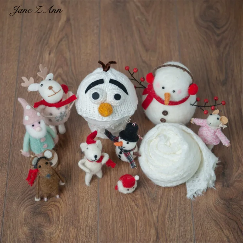 

Jane Z Ann Christmas snowman long nose newborn 100 days wool felt doll paired with wrap cloth combination photo props