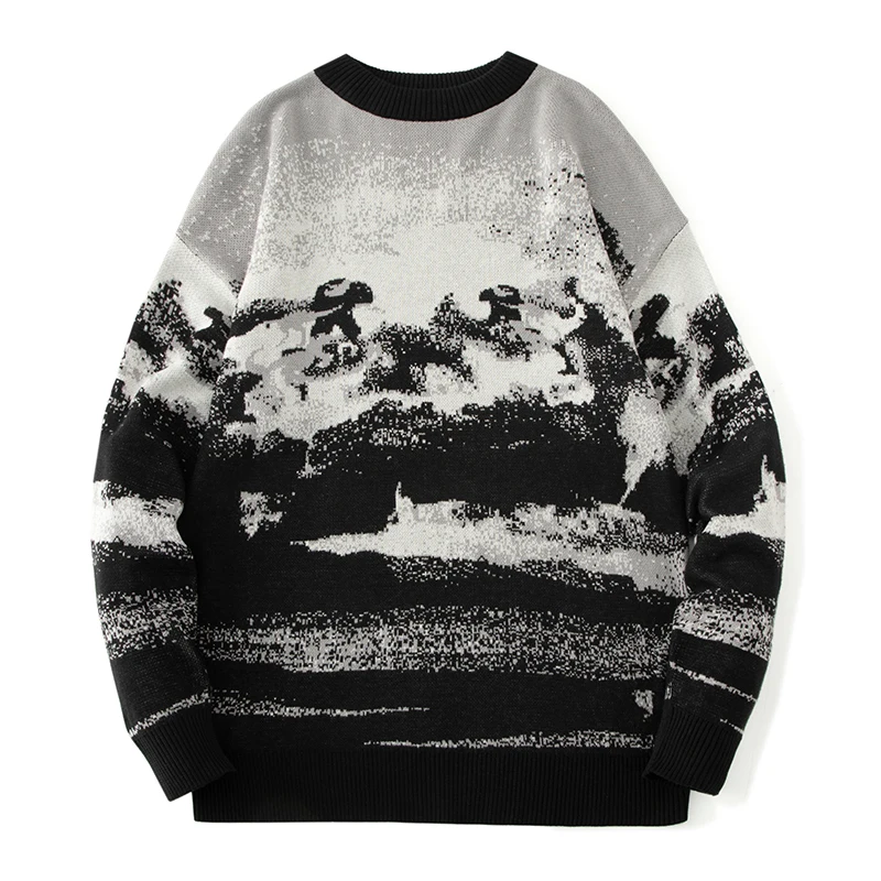 

2021 Men's Landscape Retro Winter Warm Knit Jumper Men's Korean Fashion O Neck Sweater Women's Casual Harajuku Clothing