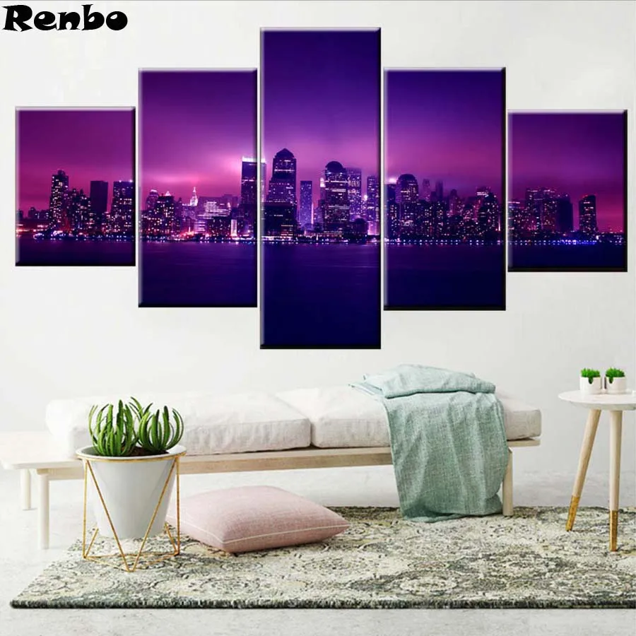 

5 pcs diamond painting purple city night view diamond mosaic full square round diamond Embroidery sales for living room decor