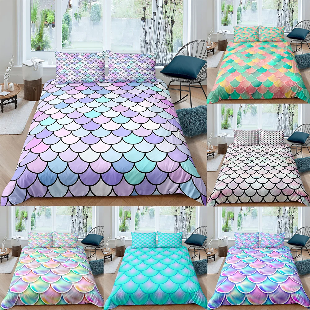 

3D Print Mermaid Fish Duvet Cover Set Purple Pink Bedding Set Colorful Princess Style Quilt Cover Queen Bed Set King Size