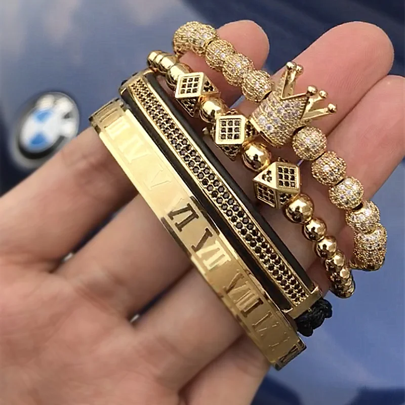 

Luxury Roman Royal Crown Charm Bracelet Men Pave CZ Fashion Gold Braided Adjustable Men Bracelet For Hip Hop Jewelry Gift