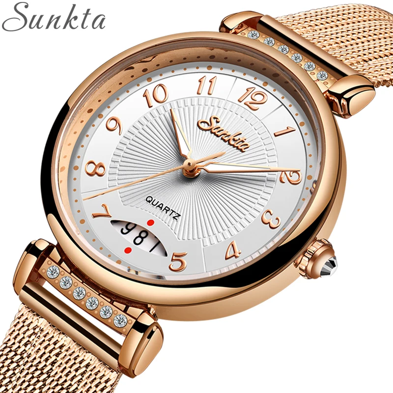 SUNKTA Fashion Luxury Ladies Crystal Watch Waterproof Rose Gold Steel Mesh Quartz Women Watches Top Brand Clock Relogio Feminino | Наручные