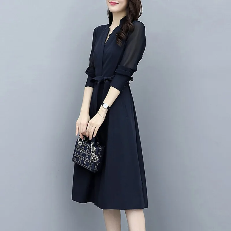 Шифоновое приталенное платье с V образным вырезом и длинным рукавом|Женские