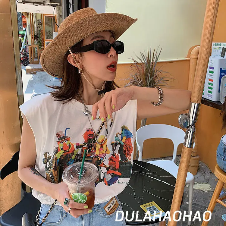 

South Korea Dongdaemun 2021 Summer New Fashion Simple Cartoon All-match Top Casual round Neck Sleeveless T-shirt Women