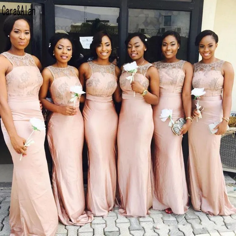 

Elegant Mermaid Bridesmaid Dresses Bateau Sheer Lace Arabic Wedding Party Gowns Cheap Long Maid of Honor Dress