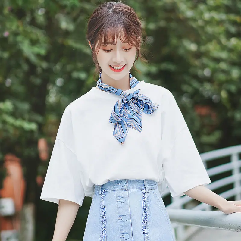 

Chic Khaki 2019 New Bow Solid Color Short Sleeve T-shirt Women's Loose Striped Scarf Bow Tie Half Sleeve Top Summer