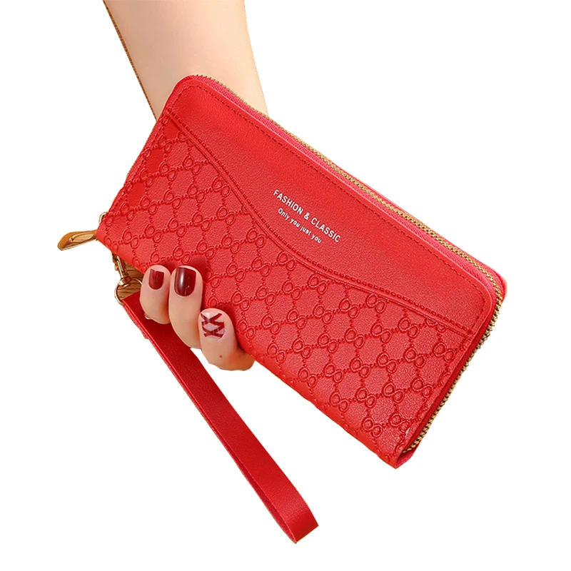

New style ladies long zipper wallet and purse embroidery design PU leather ladies wallet large capacity wristband coin purse red