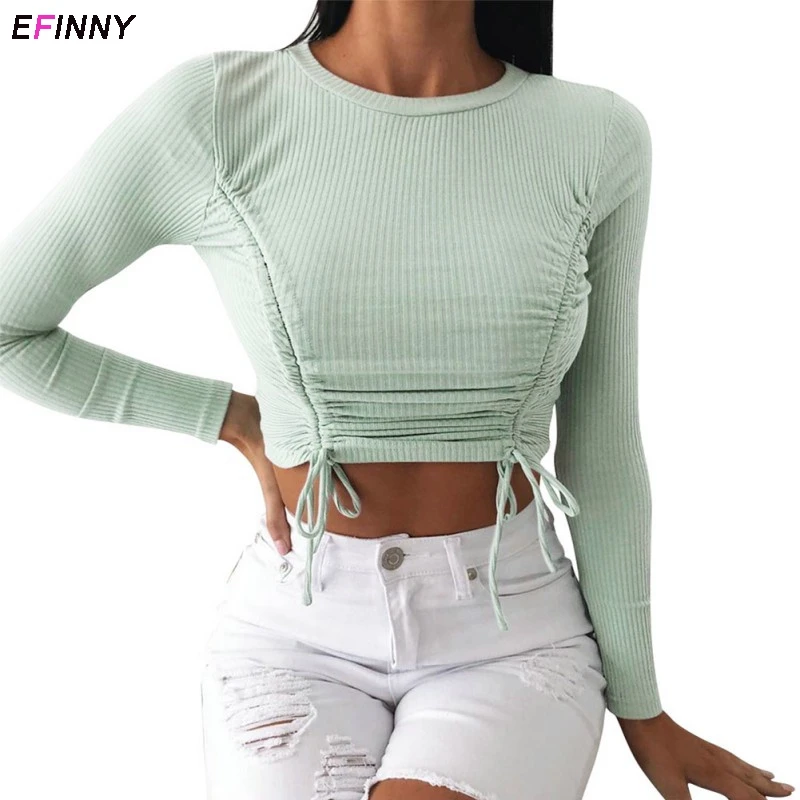 

EFINNY Autumn Sexy Round Neck Drawstring Waist Long Sleeve Tops Female Casual Women T-shirt Free Ship